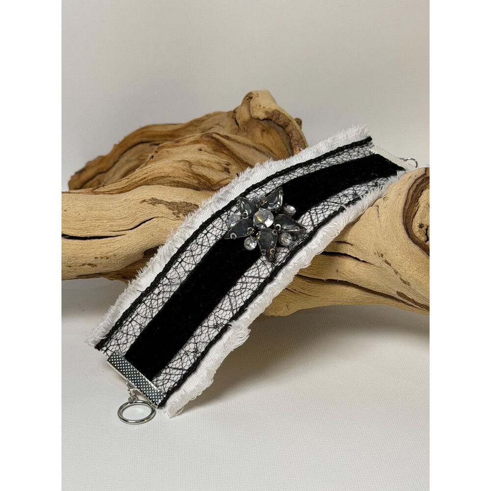 Black Lace and Velvet Cuff Bracelet, Crystal StarGothic Boho Handmade Wrist Cuff